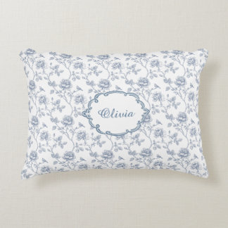 French Blue Toile Chinoiserie Floral Girls Name Accent Pillow