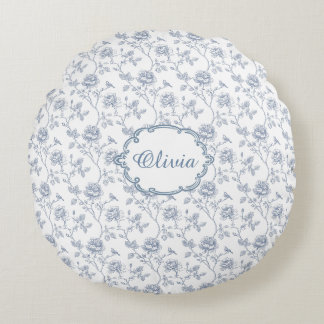 French Blue Toile Chinoiserie Floral Girls Name Round Pillow