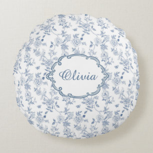 French Blue Toile Chinoiserie Floral Girls Name Round Pillow