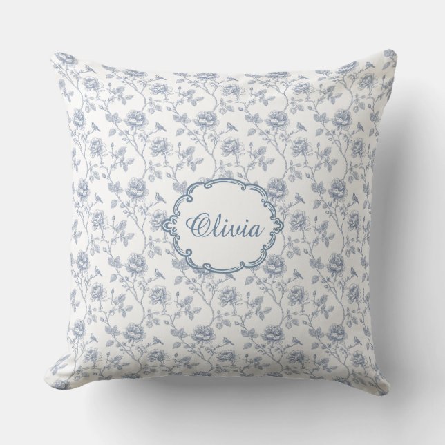 French Blue Toile Chinoiserie Floral Girls Name Throw Pillow (Front)