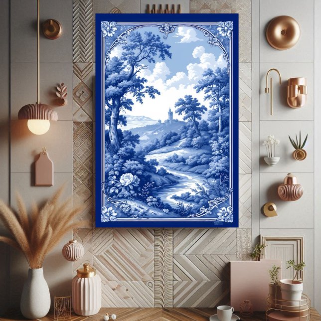 French Blue Toile de Jouy Landscape Tree Wall Art  (Romantic Deep French Blue Toile Landscape Elegance Metal Print)