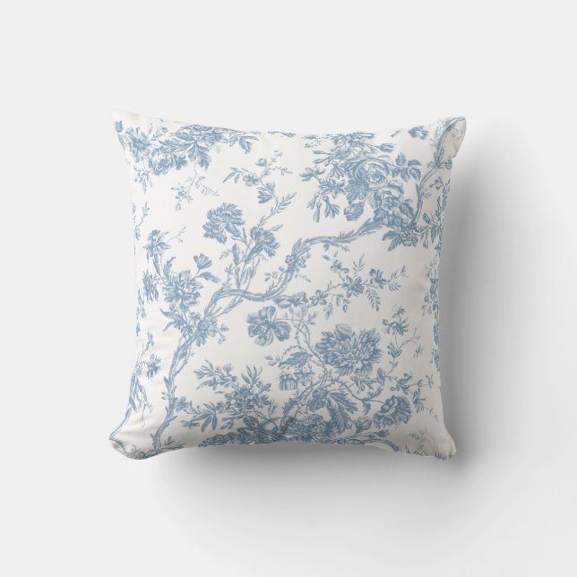 French Blue Toile de Jouy Throw Pillow (Front)