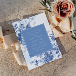 French Blue Toile Floral Foil Wedding Invitation