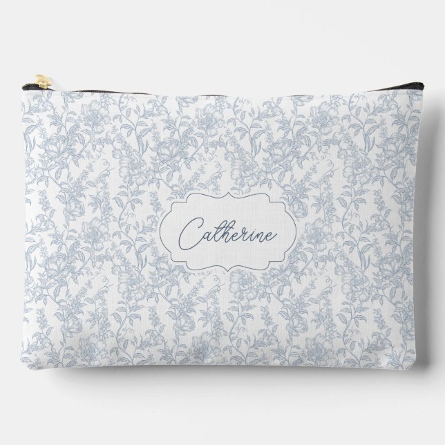 French Blue Toile Floral Lace Personalized Accessory Pouch (Front)
