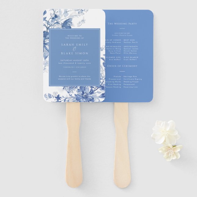French Blue Toile Floral Wedding Program Hand Fan (Front and Back)