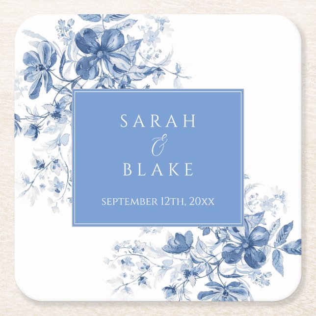 French Blue Toile Floral Wedding Square Paper Coaster (Front)