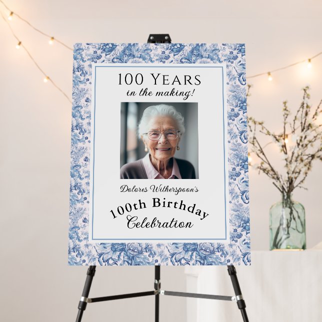 French Blue Toile Frame 100th Birthday Celebration Foam Board (In Situ (Stand))