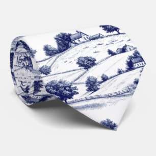 French Blue Toile Vintage Pastoral Architecture Neck Tie