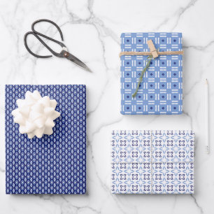 French Blue Trio 2 Geometric Set of Wrapping Paper