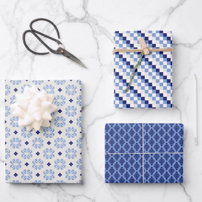 French Blue Trio 3 Geometric Set of Wrapping Paper (Front)