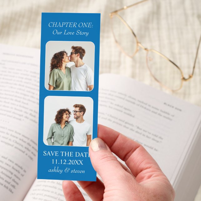 French blue two photos Save the Date and QR code Bookmarks (Hand)