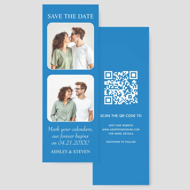 French blue two photos Save the Date QR code Bookmarks (Front & Back)