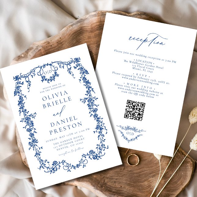 French Blue Victorian QR Code All In One Wedding Invitation (Creator Uploaded)