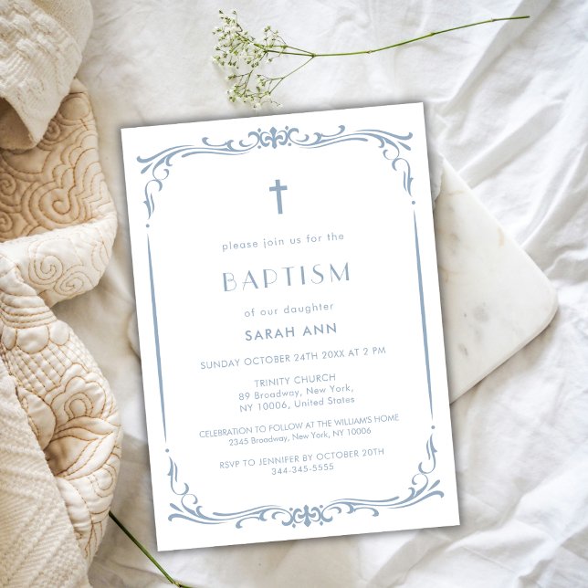 French Blue Vintage Baptism Christening Cross Invitation (French Blue Vintage Baptism Christening Cross Invitation)