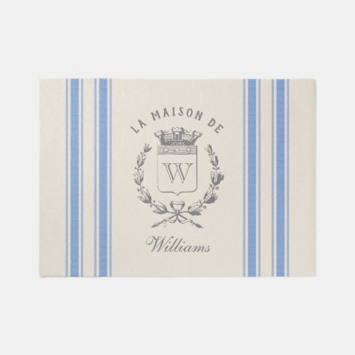 French Blue Vintage Feed Sack Crest with Name Rug