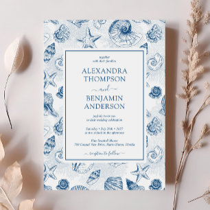 French Blue Vintage Seashell Toile Classic Wedding Invitation