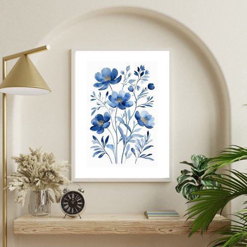 French Blue Watercolor Floral Flowers Botanicals  Poster