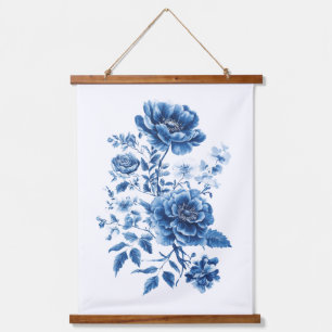 French Blue Watercolor Toile Chinoiserie Floral Hanging Tapestry