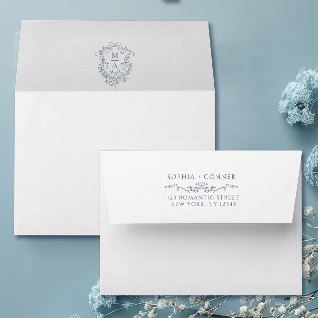 French Envelope Layout French Blue Wedding Pre-Printed Return Address 5x7 Envelope | Zazzle