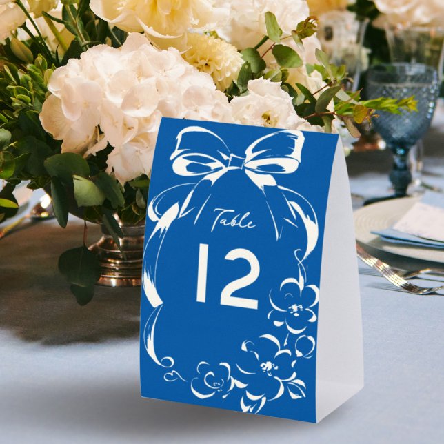 French Blue Whimsical Bow Wedding Table Number Paper Table Tent (Creator Uploaded)