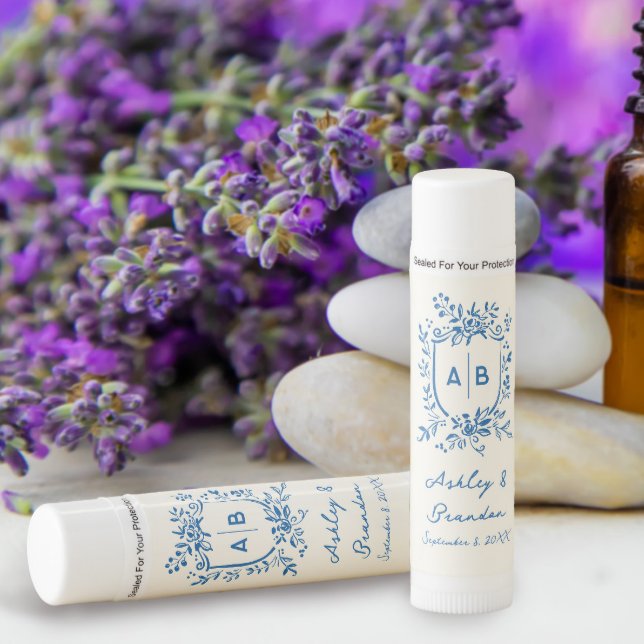 French Blue Whimsical Floral Monogram Crest  Lip Balm (Creator Uploaded)