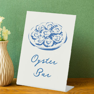 French Blue Whimsical Hand Drawn Oyster Bar Pedestal Sign