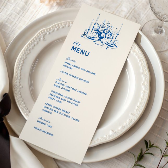 French Blue Whimsical Hand Drawn Wedding Dinner Menu (Creator Uploaded)