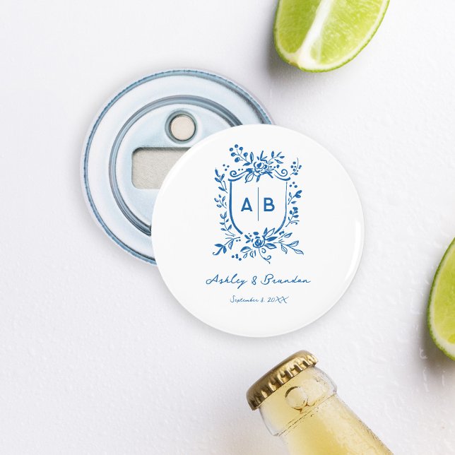 French Blue Whimsical Monogram Crest Wedding Bottle Opener (Creator Uploaded)