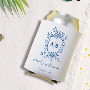 French Blue Whimsical Monogram Crest Wedding Can Cooler