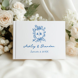 French Blue Whimsical Monogram Crest Wedding Guest Book