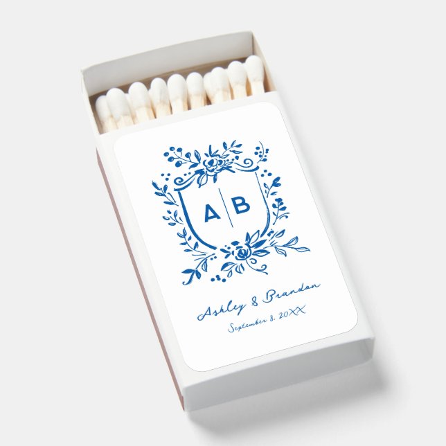 French Blue Whimsical Monogram Crest Wedding Matchboxes (Front Open)