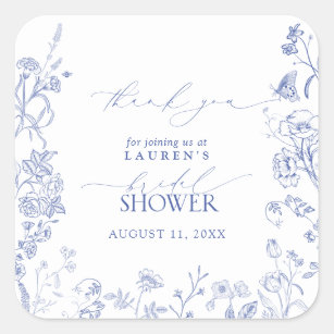 French Blue & White Floral Bridal Shower Thank You Square Sticker