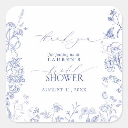 French Blue  White Floral Bridal Shower Thank You Square Sticker