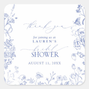 French Blue & White Floral Bridal Shower Thank You Square Sticker