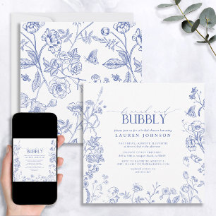 French Blue & White Floral Brunch & Bubbly Shower Invitation