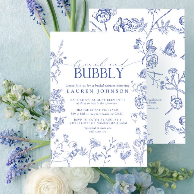 French Blue & White Floral Brunch & Bubbly Shower Invitation (Creator Uploaded)