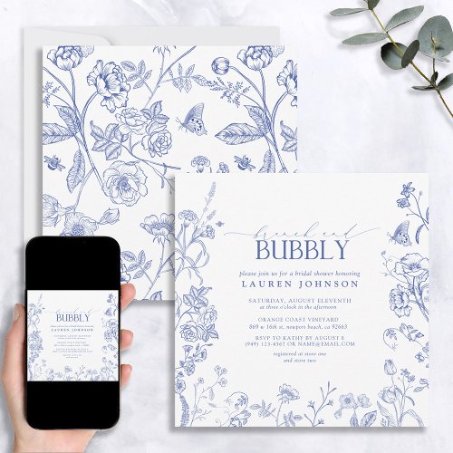 French Blue  White Floral Brunch  Bubbly Shower Invitation