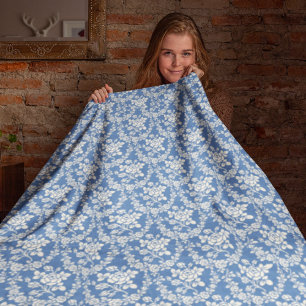 French Blue White Floral Pattern Botanical Chic Fleece Blanket