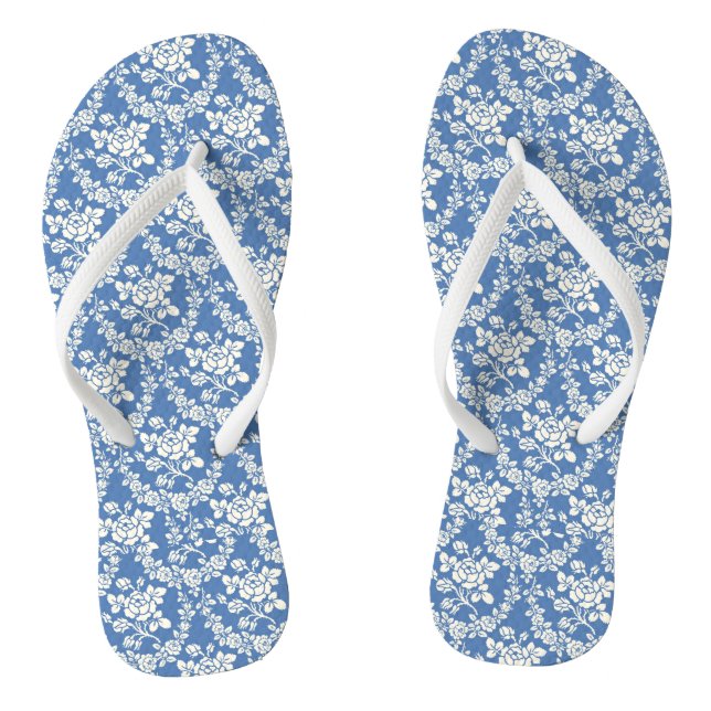 French Blue White Floral Pattern Botanical Chic Flip Flops (Footbed)