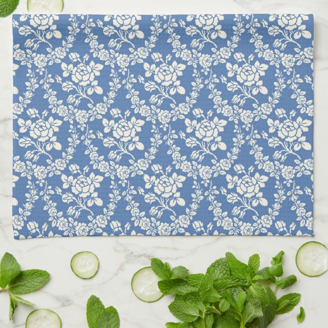 French Blue White Floral Pattern Botanical Chic Kitchen Towel (Folded)