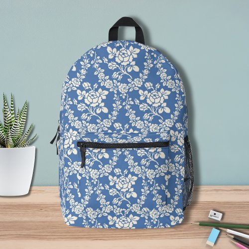 French Blue White Floral Pattern Botanical Chic Printed Backpack
