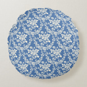 French Blue White Floral Pattern Botanical Chic Round Pillow