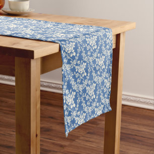 French Blue White Floral Pattern Botanical Chic Short Table Runner