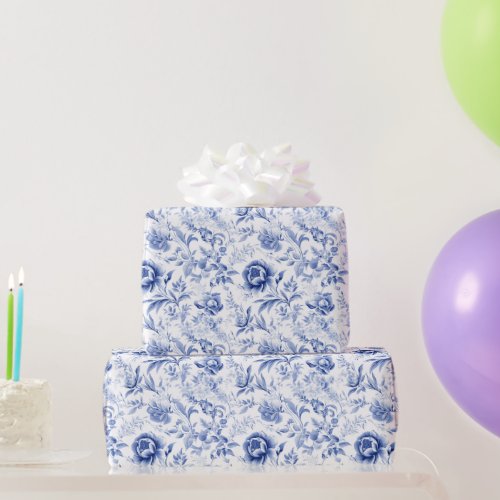 French Blue White Floral Toile Bridal Shower Gift Wrapping Paper