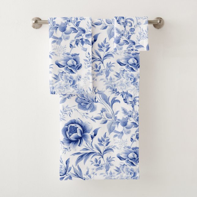 French Blue White Floral Toile Pattern Gift Bath Towel Set (Insitu)