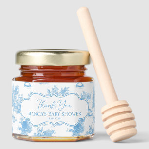 French Blue White Toile Bear Baby Shower Thank You Honey Jar Favors