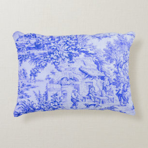 French Blue White Toile Chinoiserie Rustic Style  Accent Pillow