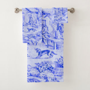 French Blue White Toile Chinoiserie Rustic Style Bath Towel Set