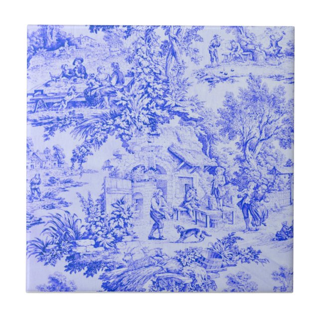 French Blue White Toile Chinoiserie Rustic Style  Ceramic Tile (Front)