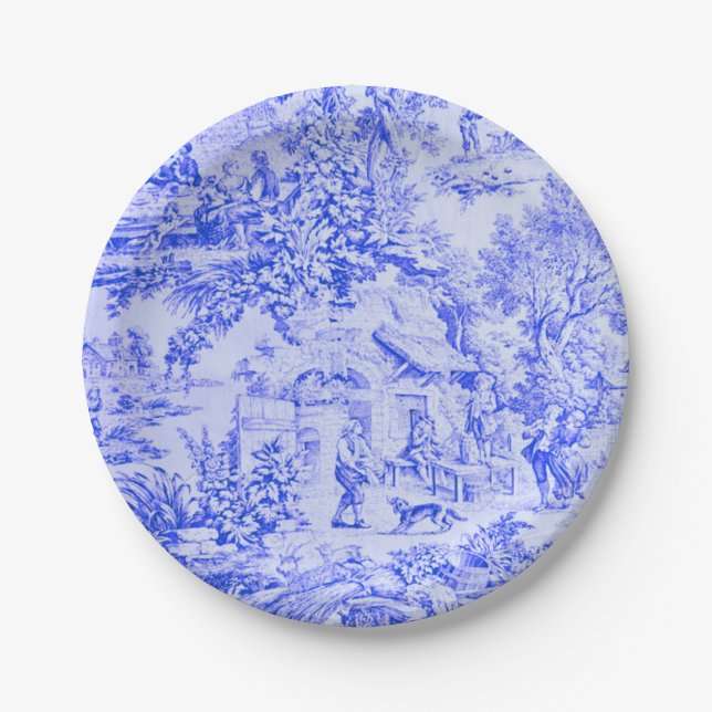 French Blue White Toile Chinoiserie Rustic Style  Paper Plates (Front)